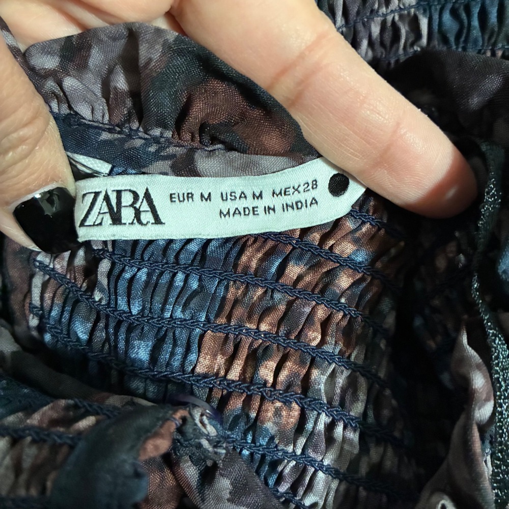 ZARA Womens Smocked Floral Mini Dress Blue Brown Ruffle High Neck Size M - Picture 4 of 7